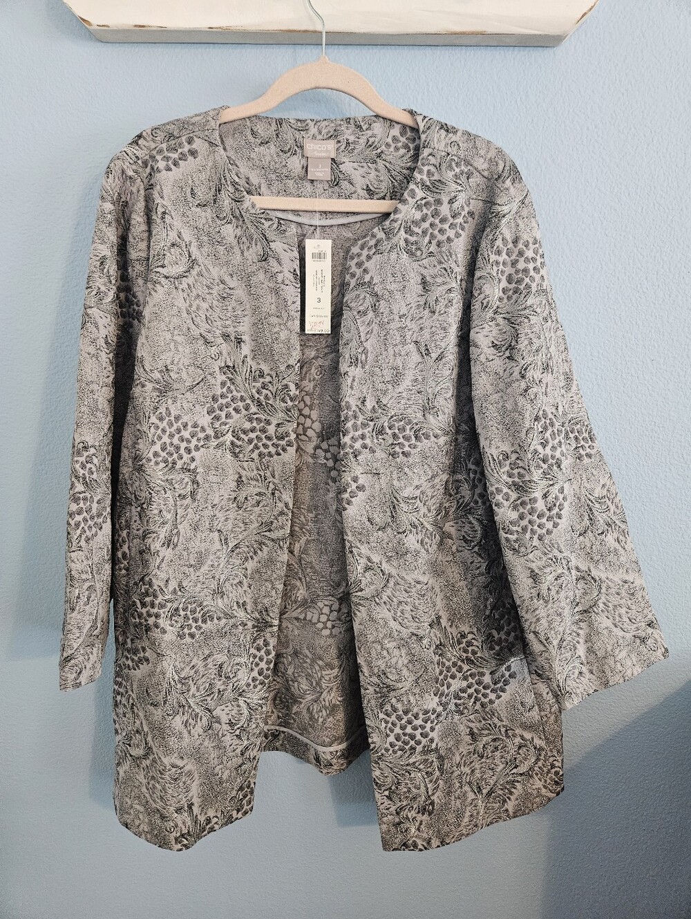Chico's Gray Floral-Pattern Open Front Jacket